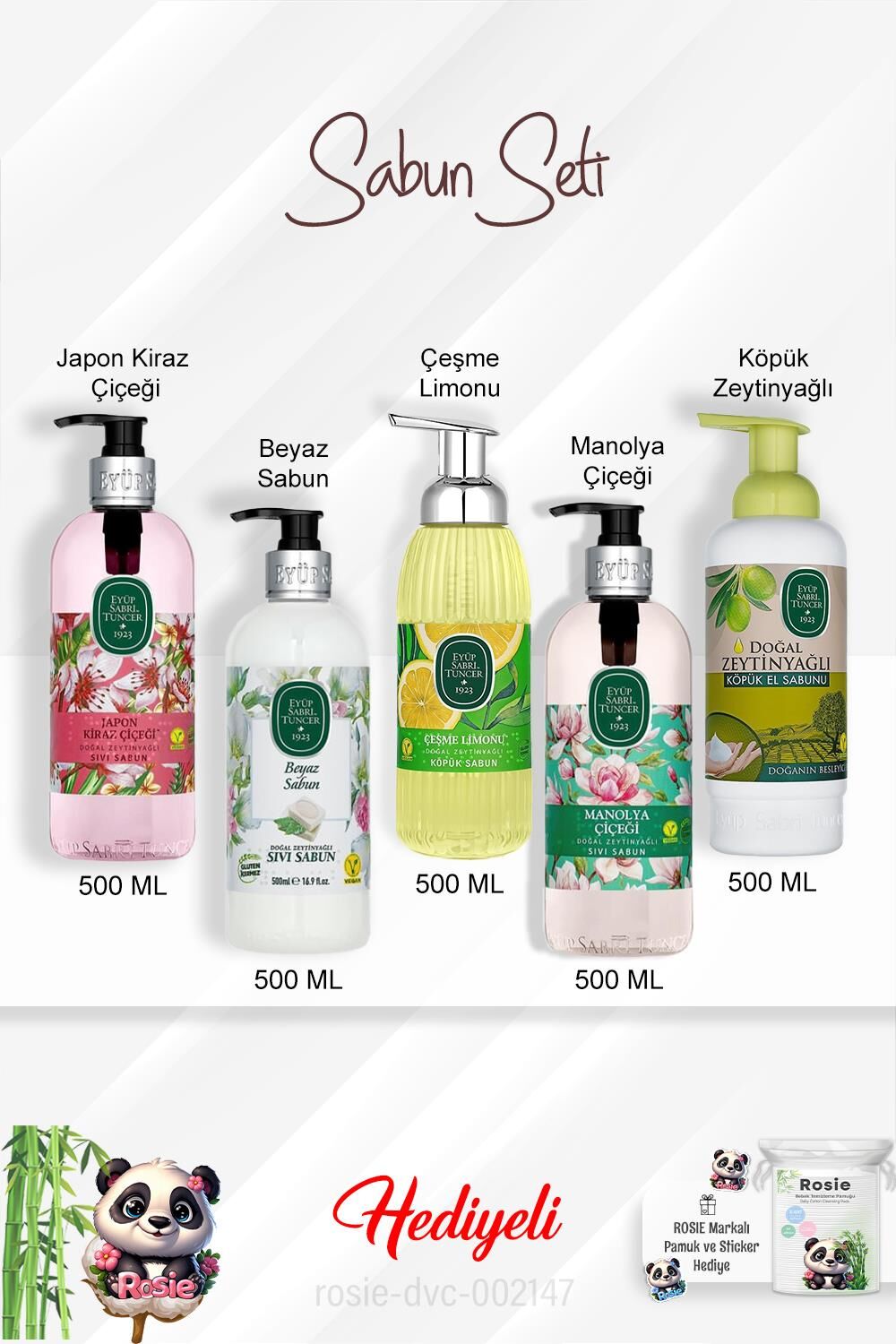 Sabun Paket 500 ML Manolya Çiçeği, Beyaz Sabun, Çeşme Limonu, Zeytinyağlı, Japon Kiraz Çiçeği ve Rosie