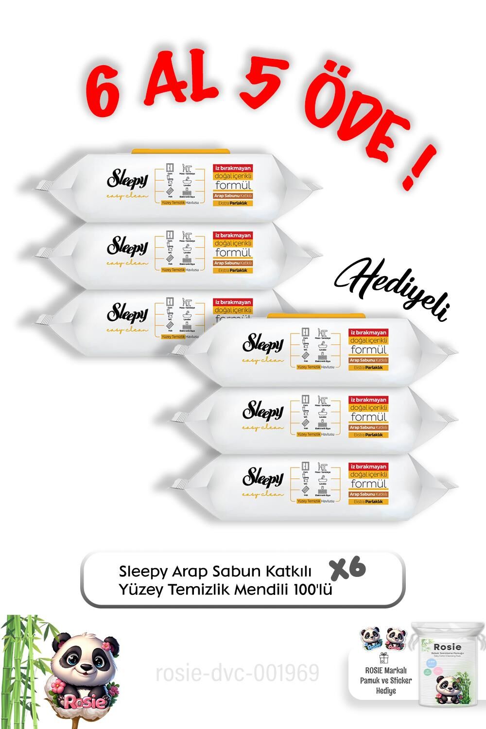 Sleepy Arap Sabun Katkılı Yüzey Mendili 100'lü  6 Al 5 Öde ve Rosie pamuk