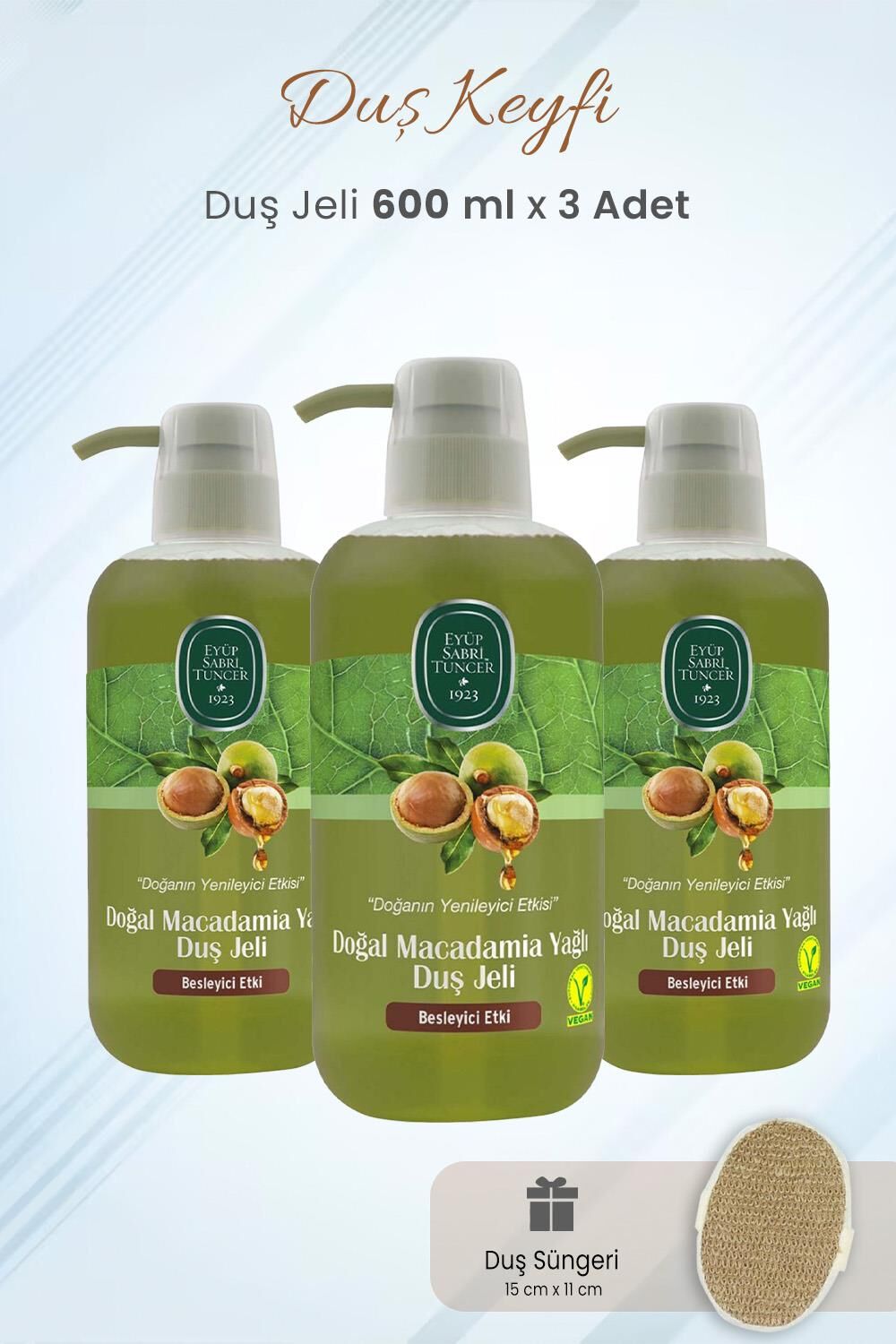 Eyüp Sabri Tuncer Duş Jeli Doğal Macadamia Yağlı 600 ml x 3 Adet ve Duş Süngeri