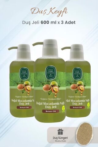 Eyüp Sabri Tuncer Duş Jeli Doğal Macadamia Yağlı 600 ml x 3 Adet ve Duş Süngeri
