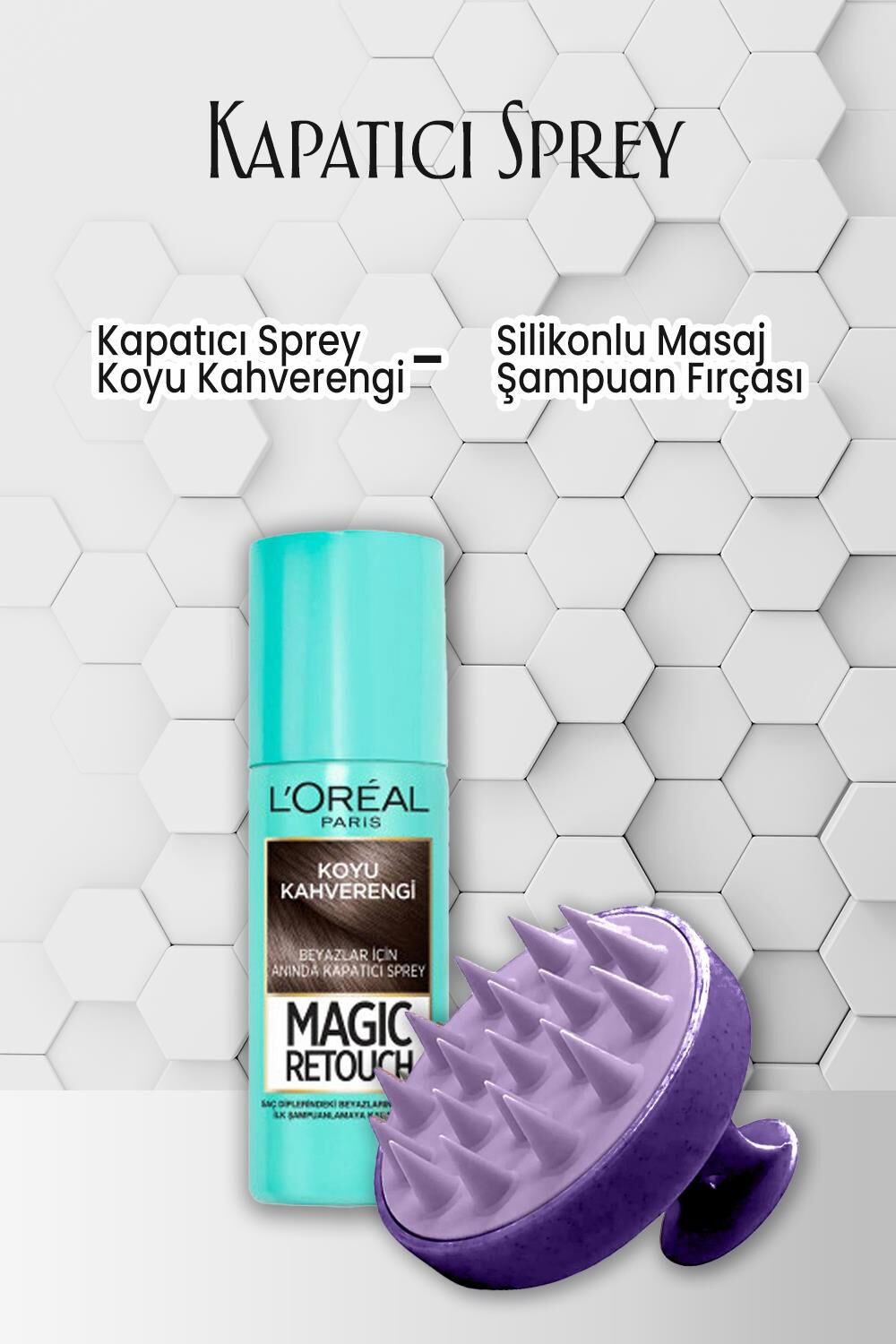 Loreal Paris Saç Spreyi Kapatıcı Koyu Kahverengi 75 ml ve Şampuan Fırçası Mor