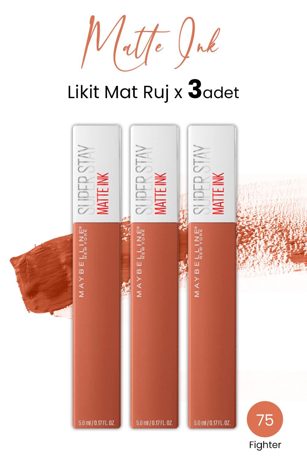 Maybelline New York Super Stay Matte Ink Likit Mat Ruj 75 Fighter x 3 adet