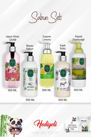 Sabun Paket 500 ML Zeytinyağlı, Eşek Sütlü, Beyaz Sabun, Çeşme Limonu, Japon Kiraz Çiçeği ve Rosie