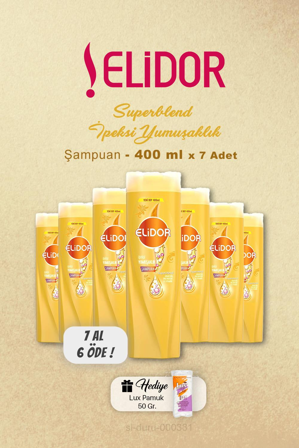 7 AL 6 ÖDE Elidor Şampuan İpeksi Yumuşaklık 400 ml, Pamuk Hediyeli