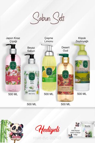 500 ML Sabun Paket Zeytinyağlı, Desert Oud, Beyaz Sabun, Çeşme Limonu, Japon Kiraz Çiçeği ve Rosie