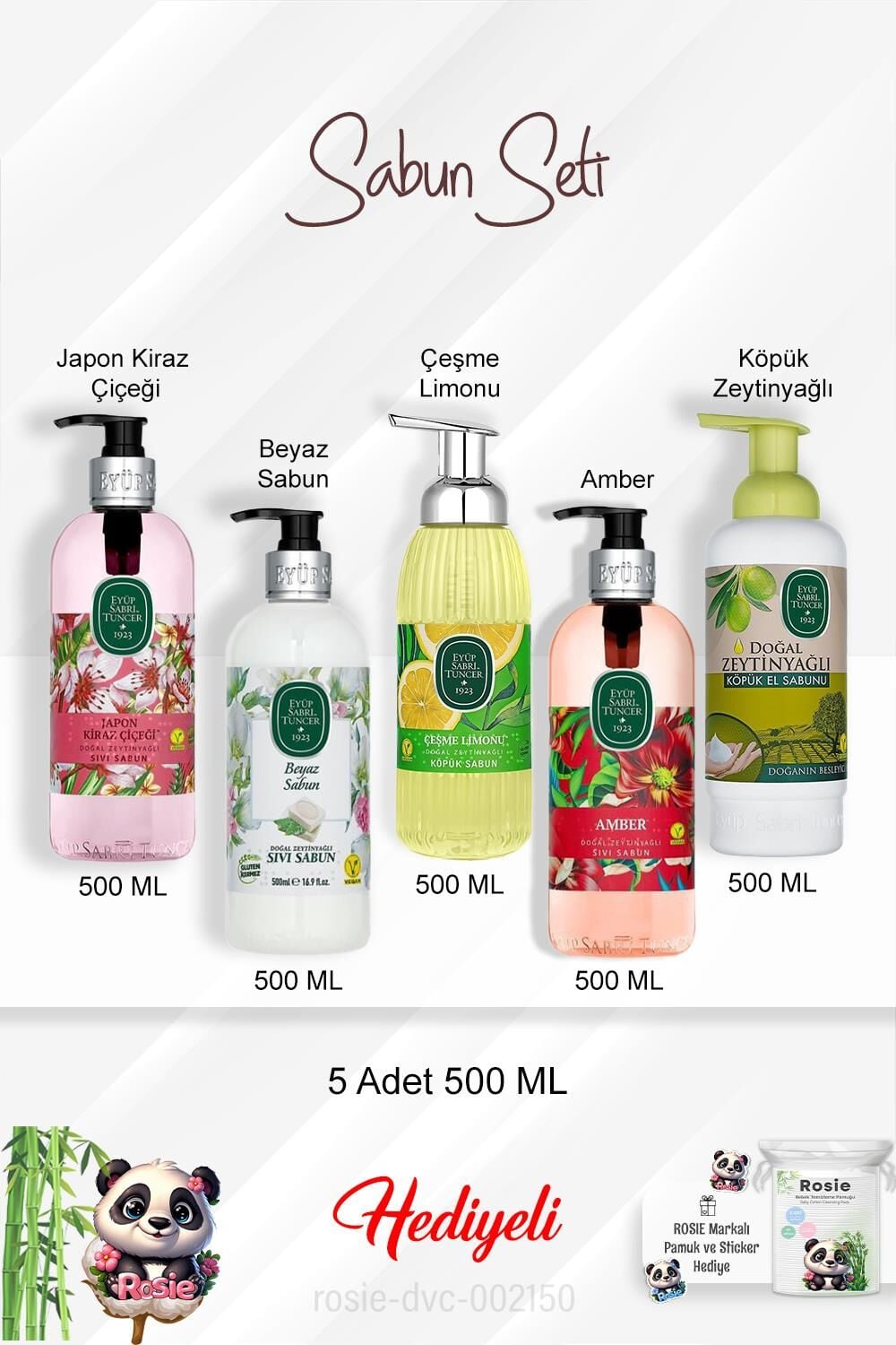 500 ML Sabun Paket Amber, Zeytinyağlı, Beyaz Sabun, Çeşme Limonu, Japon Kiraz Çiçeği ve Rosie