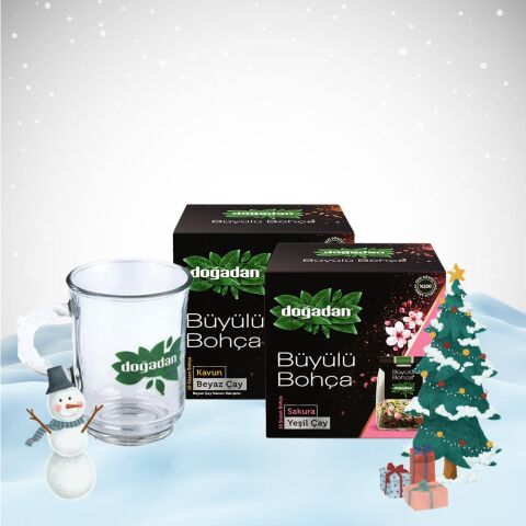 Doğadan Yılbaşı Paketi Büyülü Bohça Sakura ve Beyaz Çay Kavun, Doğadan Cam Bardak Hediyeli