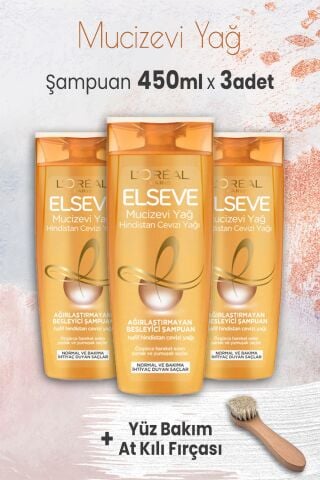 Elseve Mucizevi Hindistan Cevizi Şampuan 450 ml x 3 Adet ve Yüz Bakım At Kılı Fırçası