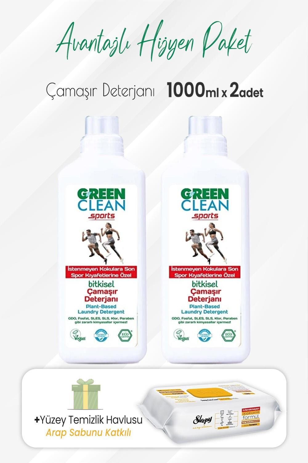 Green Clean Çamaşır Deterjanı Sports 1000 ml x 2 Adet ve Arap Sabunlu Temizlik Havlusu
