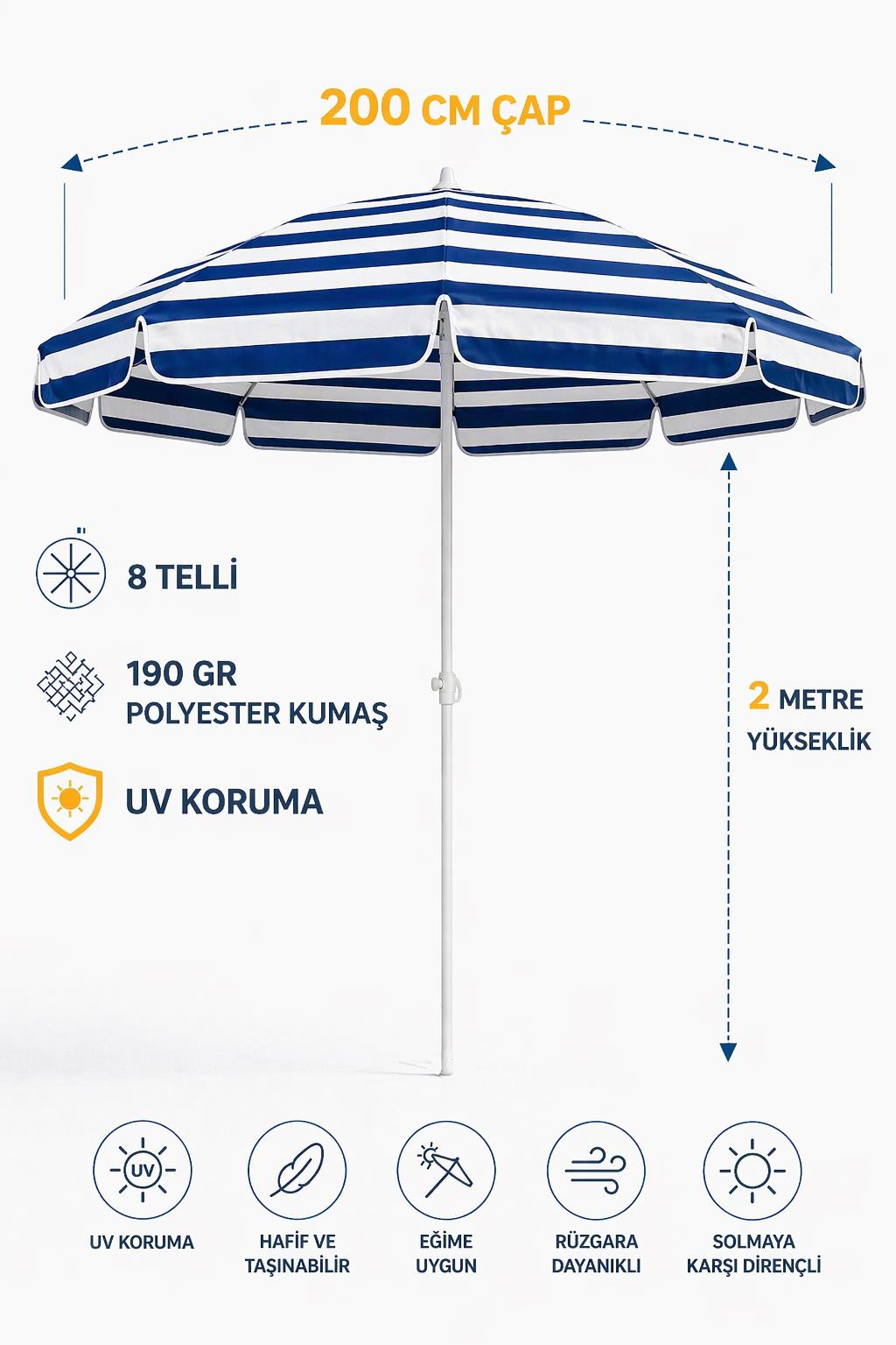 matchbang 2 Metre Mavi Beyaz Plaj Şemsiyesi(bidonsuz)
