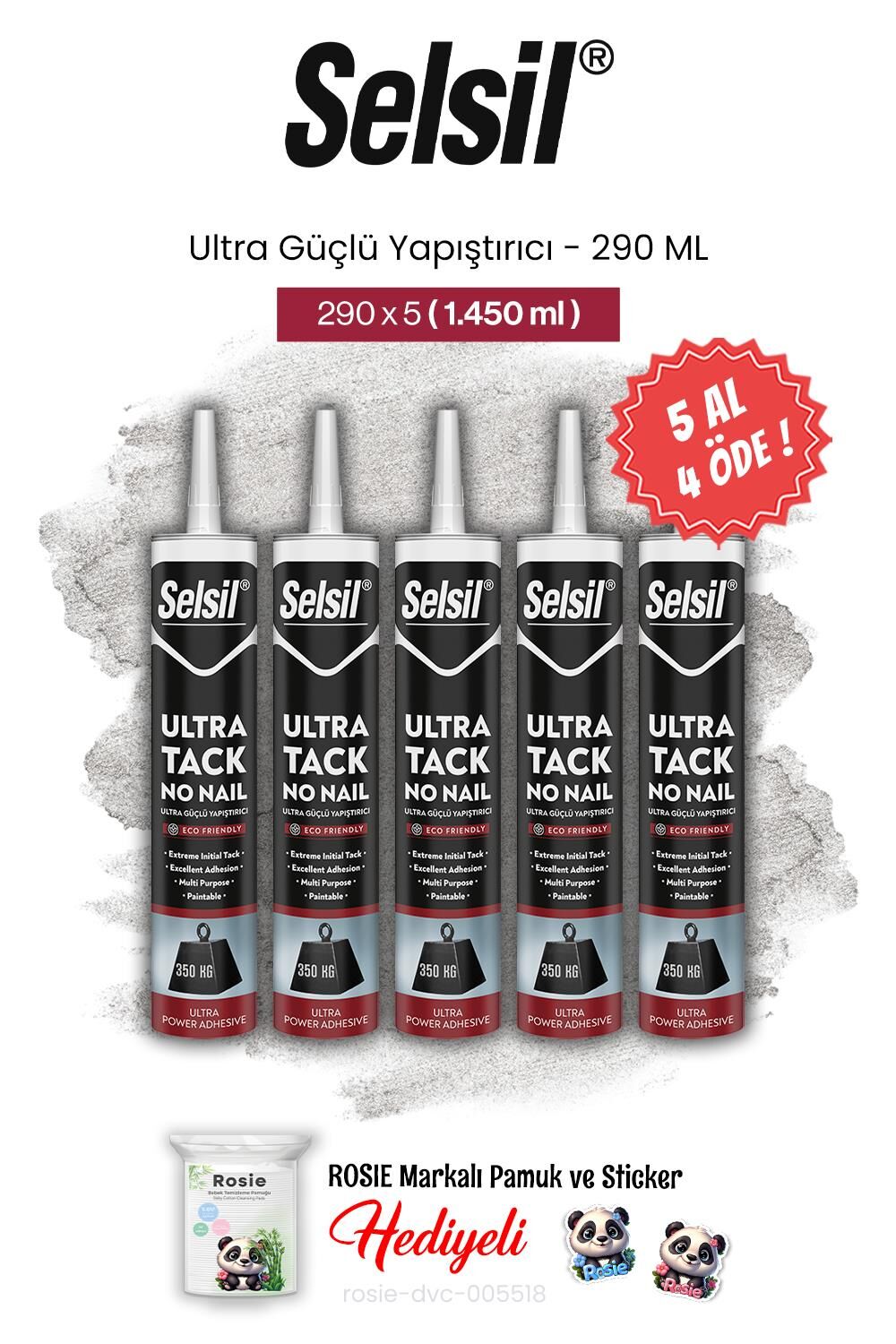 Selsil 5 AL 4 ÖDE Ultra Güçlü Yapıştırıcı, 290 ml ve rosie pamuk