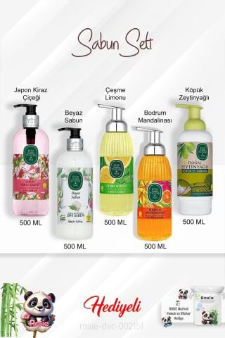 500 ML Sabun Paket  Japon Kiraz Çiçeği, Bodrum Mandalinası, Zeytinyağlı, Beyaz Sabun, Çeşme Limonu ve Rosie