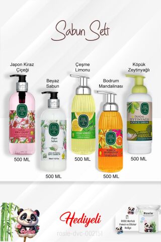 500 ML Sabun Paket  Japon Kiraz Çiçeği, Bodrum Mandalinası, Zeytinyağlı, Beyaz Sabun, Çeşme Limonu ve Rosie