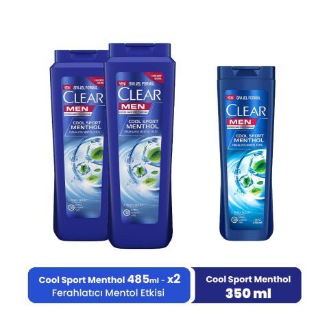 Clear Men Şampuan Ferahlatıcı Mentol Etkisi 485 ML x 2 ve Mentol Etkisi 350 ml