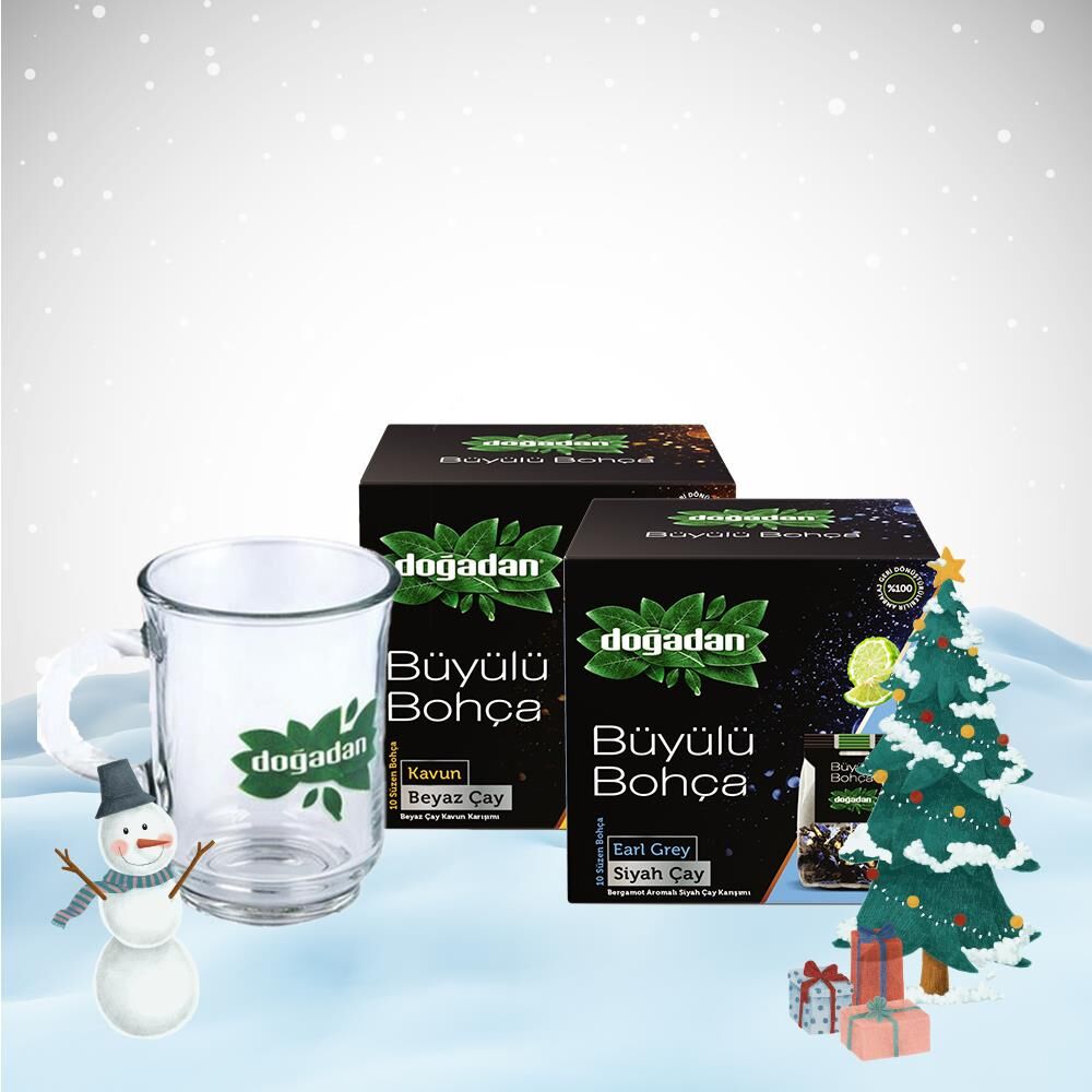 Doğadan Yılbaşı Paketi Büyülü Bohça Beyaz Çay Kavun ve Earl Grey, Doğadan Cam Bardak Hediyeli