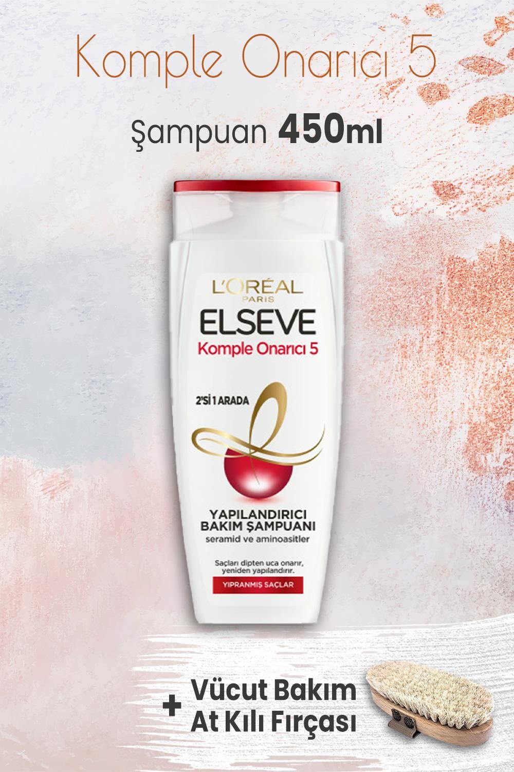 Elseve Komple Onarıcı 5 Şampuan 2'si 1 Arada 450 ml ve Vücut Bakım At Kılı Fırçası