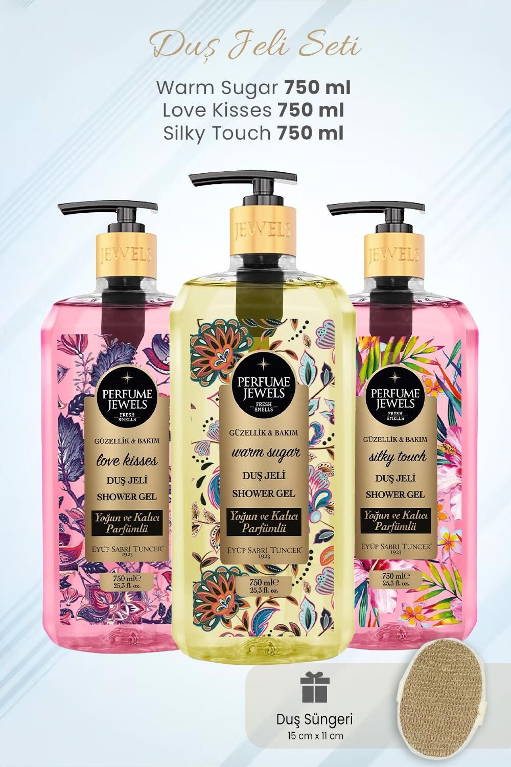 Eyüp Sabri Tuncer Duş Jeli Warm Sugar, Love Kisses, Silky Touch 750 ml ve Duş Süngeri