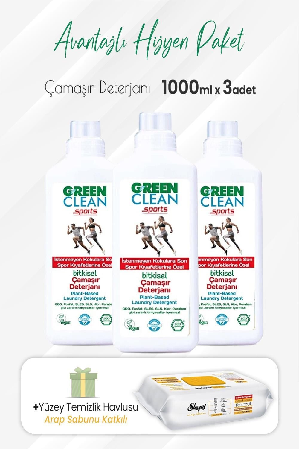 Green Clean Çamaşır Deterjanı Sports 1000 ml x 3 Adet ve Arap Sabunlu Temizlik Havlusu