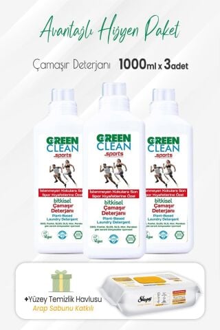 Green Clean Çamaşır Deterjanı Sports 1000 ml x 3 Adet ve Arap Sabunlu Temizlik Havlusu