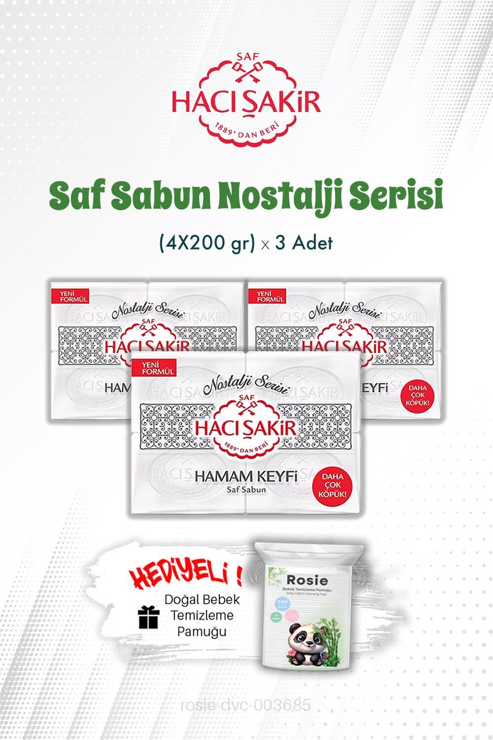 3 Adet Hacı Şakir Hamam Keyfi Saf Sabun Nostalji Serisi 4'lü 200 gr ve ROSIE