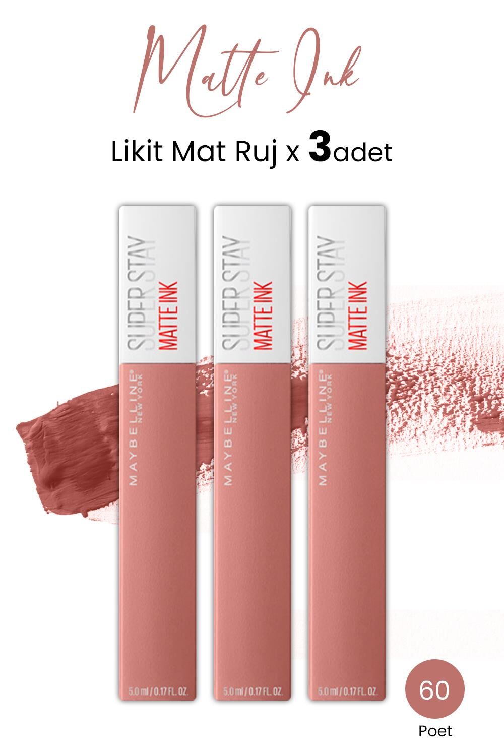 Maybelline New York Super Stay Matte Ink Likit Mat Ruj 60 Poet x 3 adet