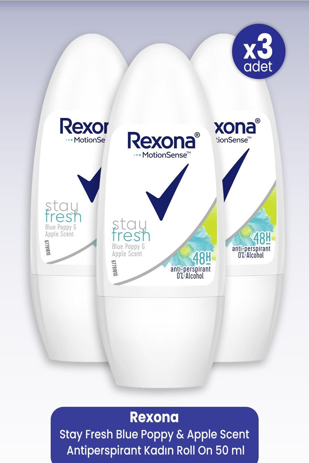 Rexona Stay Fresh Blue Poppy & Apple Scent Antiperspirant Kadın Roll On 50 ml x 3 Adet