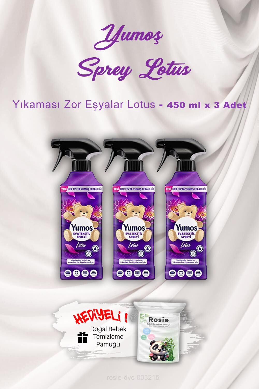 Yumoş Ev ve Tekstil Spreyi Lotus Yıkanması Zor Eşyalar 3 X 450 ml ROSIE Hediyeli