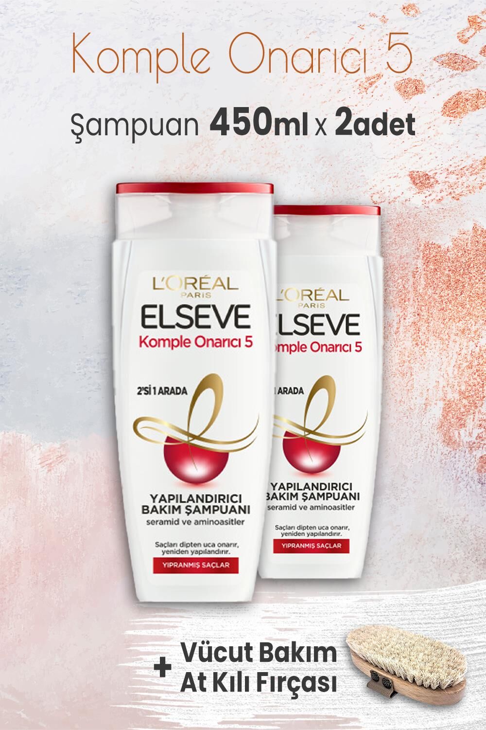 Elseve Komple Onarıcı 5 Şampuan 2'si 1 Arada 450 ml x 2 Adet ve Vücut Bakım At Kılı Fırçası