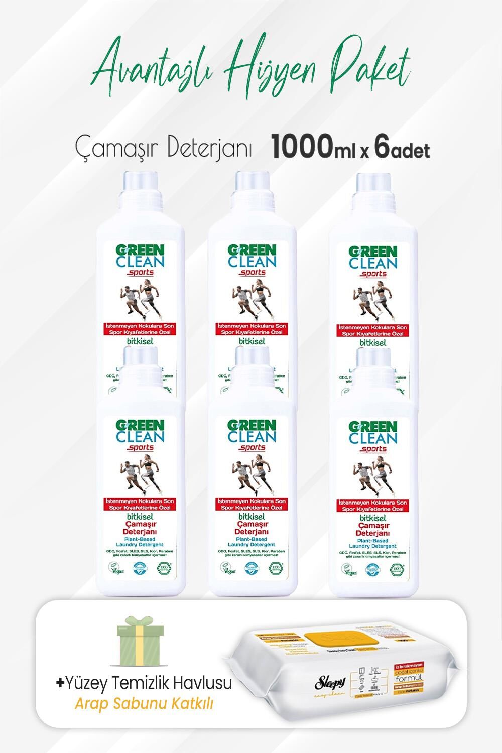 Green Clean Sports Çamaşır Deterjanı 1000 ml x 6 Adet ve Arap Sabunlu Temizlik Havlusu