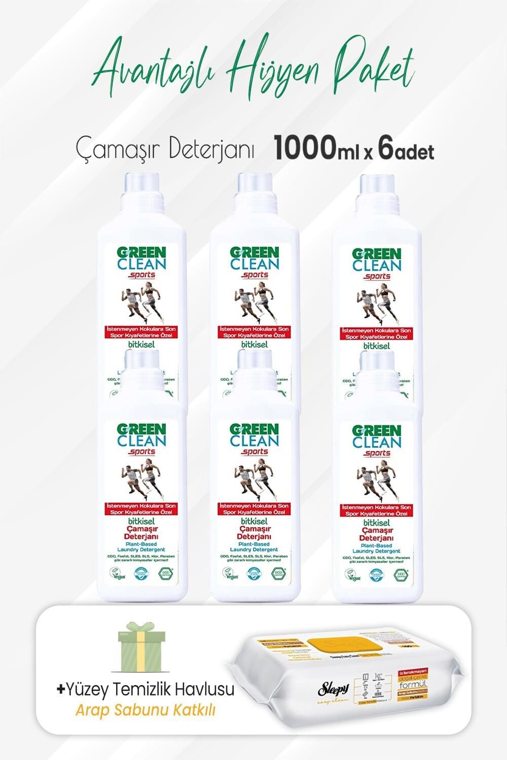 Green Clean Sports Çamaşır Deterjanı 1000 ml x 6 Adet ve Arap Sabunlu Temizlik Havlusu