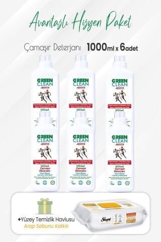 Green Clean Sports Çamaşır Deterjanı 1000 ml x 6 Adet ve Arap Sabunlu Temizlik Havlusu