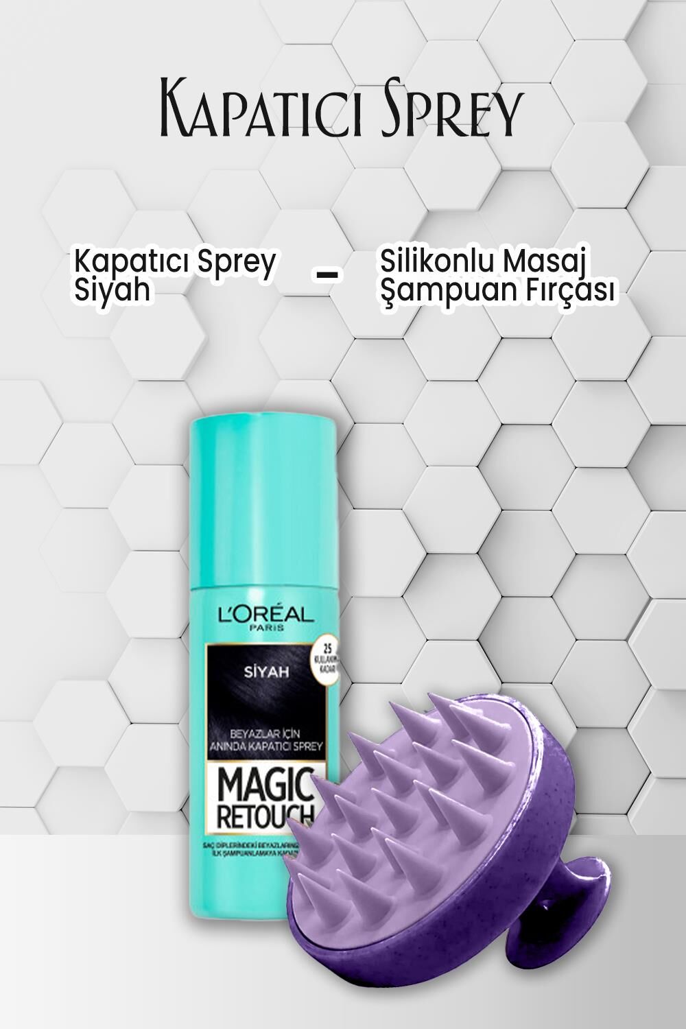Loreal Paris Saç Spreyi Kapatıcı Siyah 75 ml ve Şampuan Fırçası Mor