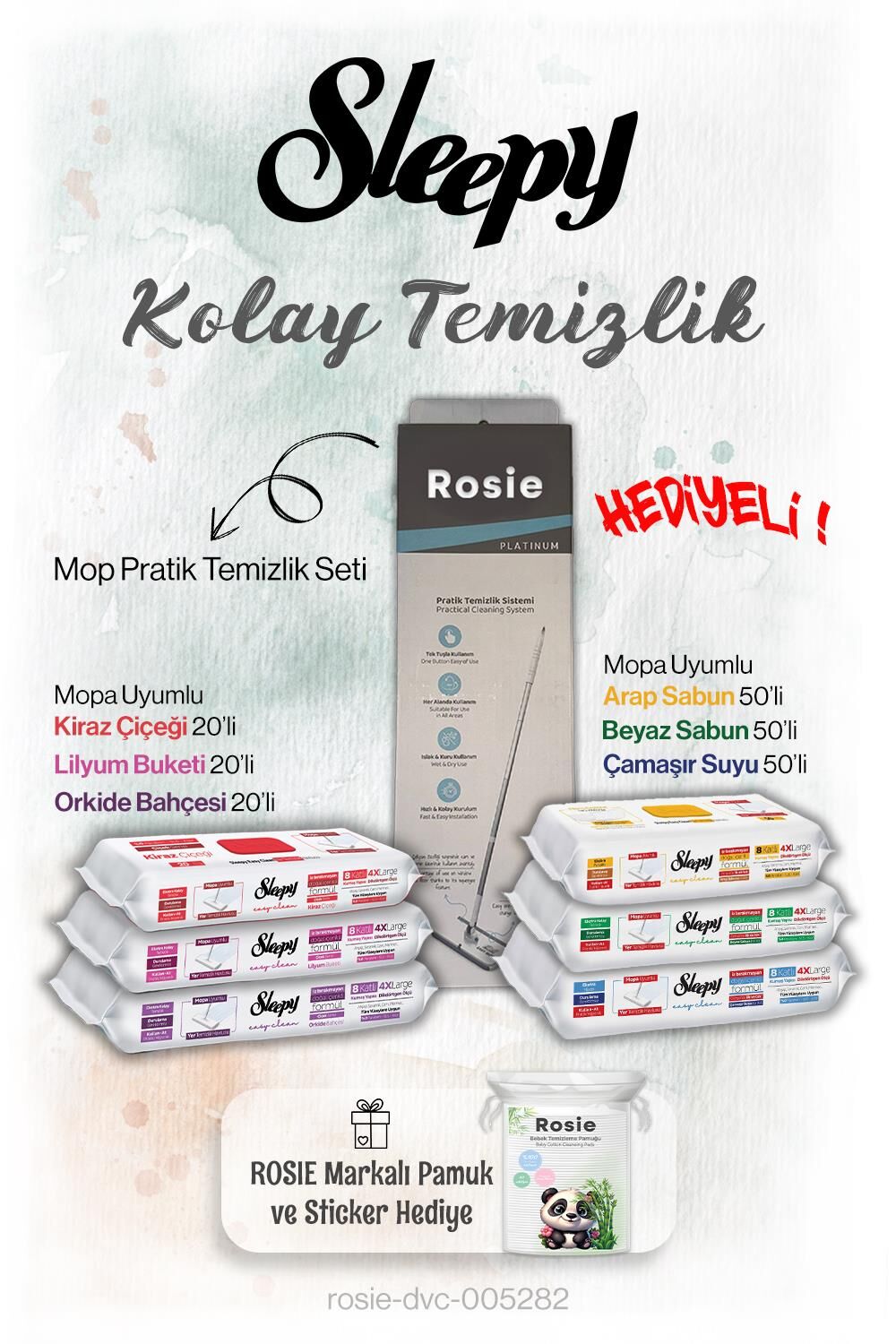Sleepy Mop Ailesi Mopa uyumlu Islak Havlular 7'li Set, Rosie Hediyeli