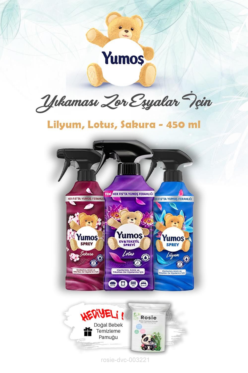 Lotus, Sakura ve Lilyum Yumoş 450 ml Yıkaması Zor Eşya Spreyi ROSIE Hediye