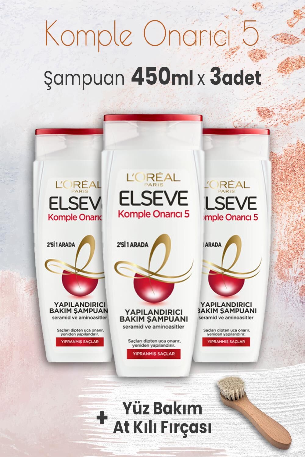 Elseve Komple Onarıcı 5 Şampuan 2'si 1 Arada 450 ml x 3 Adet ve Yüz Bakım At Kılı Fırçası