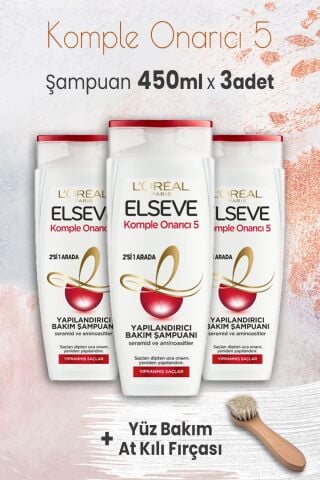 Elseve Komple Onarıcı 5 Şampuan 2'si 1 Arada 450 ml x 3 Adet ve Yüz Bakım At Kılı Fırçası