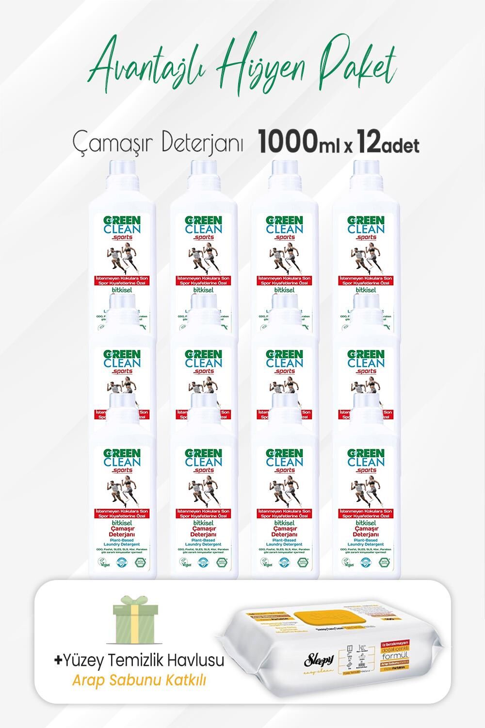 Green Clean Sports Çamaşır Deterjanı 1000 ml x 12 Adet ve Arap Sabunlu Temizlik Havlusu