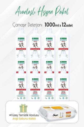 Green Clean Sports Çamaşır Deterjanı 1000 ml x 12 Adet ve Arap Sabunlu Temizlik Havlusu
