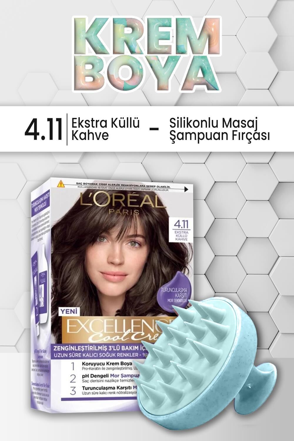 Loreal Paris Excellence Cool Creme Saç Boyası 4.11 Ekstra Küllü Kahve ve Şampuan Fırçası Mavi
