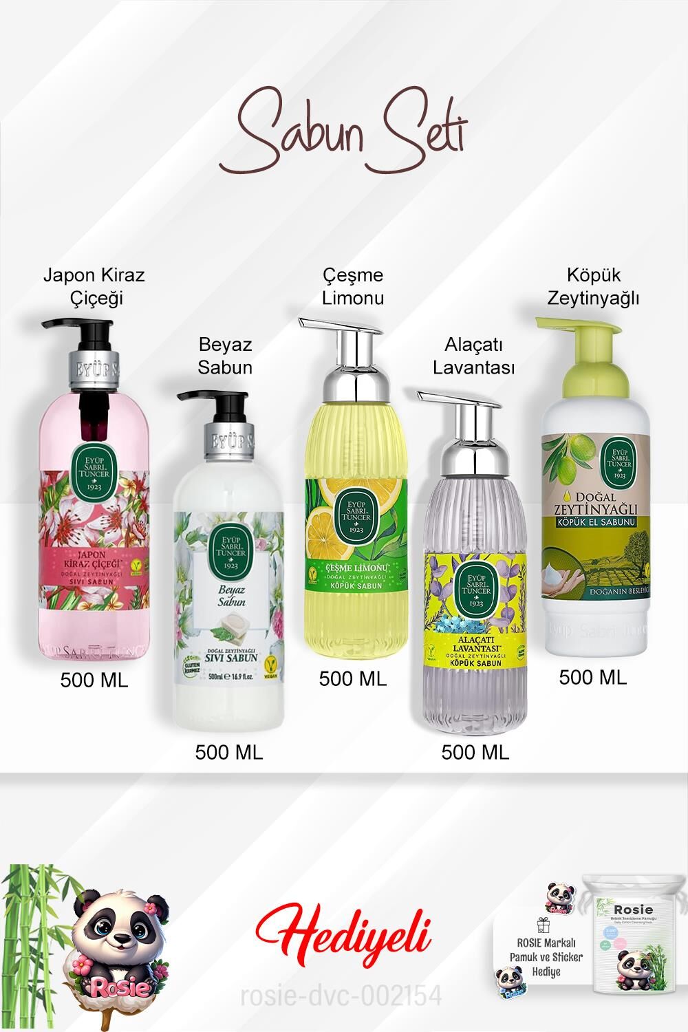 Sabun Paket 500 ML Alaçatı Lavantası Köpük, Japon Kiraz Çiçeği, Zeytinyağlı, Beyaz Sabun, Çeşme Limonu ve Rosie
