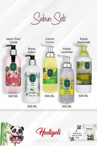 Sabun Paket 500 ML Alaçatı Lavantası Köpük, Japon Kiraz Çiçeği, Zeytinyağlı, Beyaz Sabun, Çeşme Limonu ve Rosie