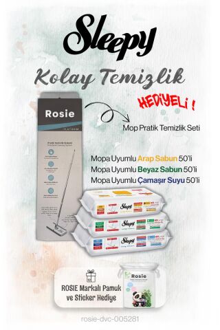 Sleepy 3'lü  50'li Mopa uyumlu Mis Gibi Temizlik Serisi ve Mop Seti, Rosie Hediyeli
