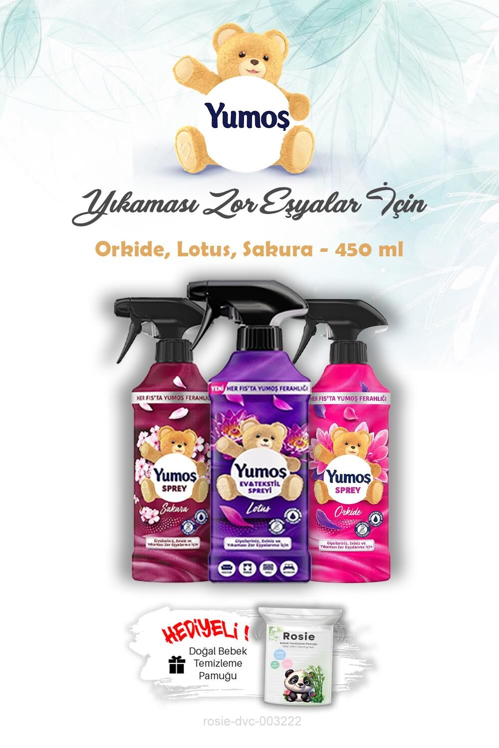 Orkide, Lotus ve Sakura 450 ml Yıkaması Zor Eşya Spreyi Yumoş ROSIE Hediye