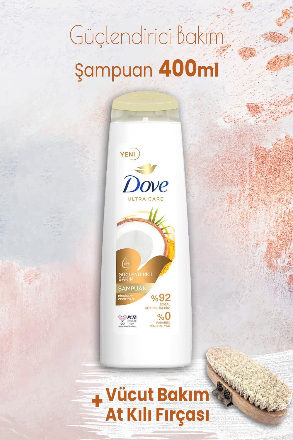 Dove Ultra Care Şampuan Güçlendirici Bakım 400 ml ve Vücut Bakım At Kılı Fırçası