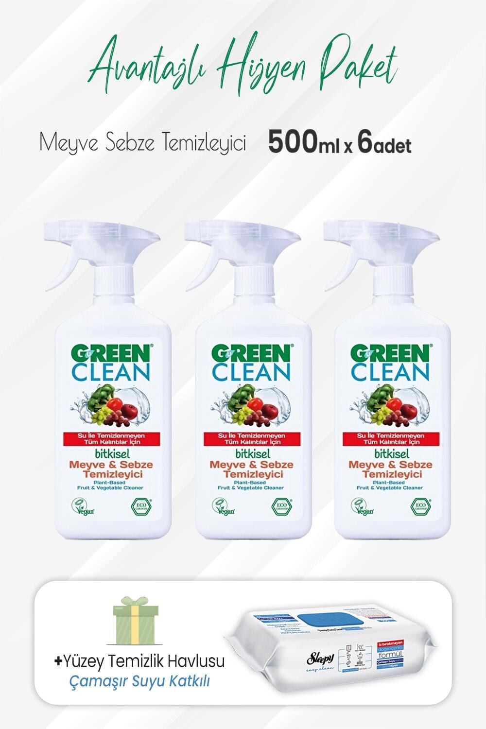 Green Clean Meyve Sebze Temizleyici 500 ml x 3 Adet ve Çamaşır Sulu Temizlik Havlusu