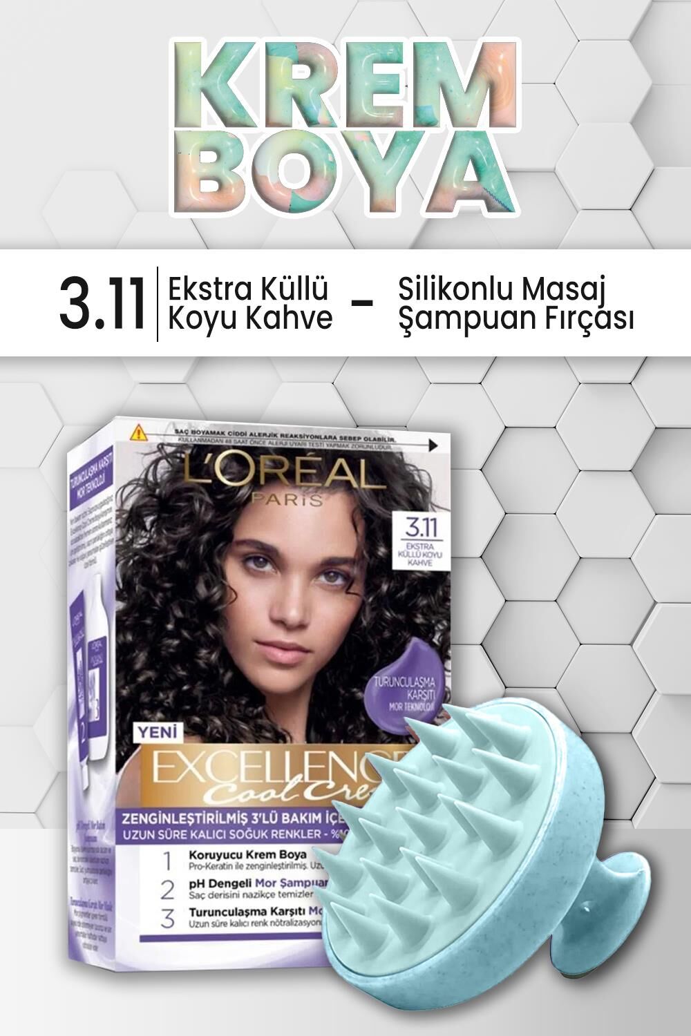 Loreal Paris Excellence Cool Creme Saç Boyası 3.11 Ekstra Küllü Koyu Kahve ve Şampuan Fırçası Mavi