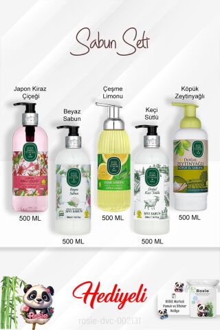 Sabun Paketi Çeşme Limonu, Keçi Sütlü, Japon Kiraz Çiçeği, Beyaz Sabun, Zeytinyağlı 500 ML ve Rosie