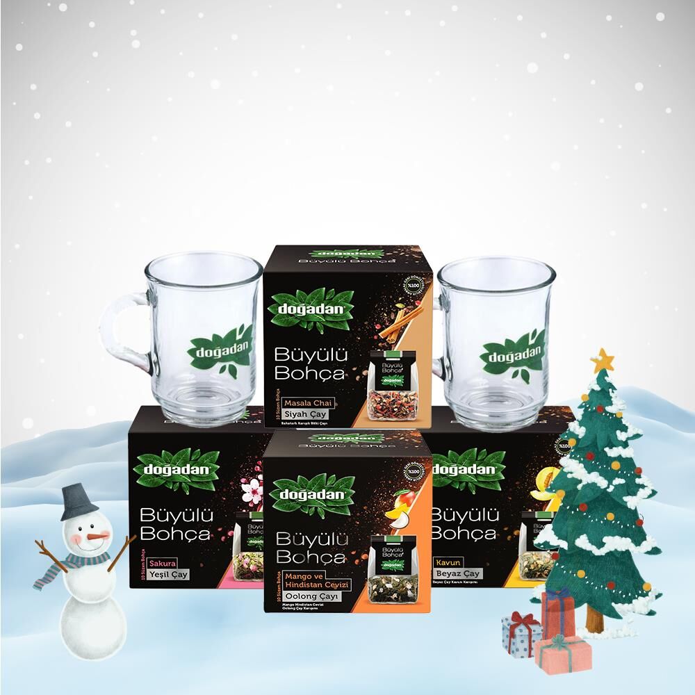 Doğadan Yılbaşı Paketi Büyülü Bohça Masala, Oolong, Sakura ve Beyaz Çay, 2 Adet Cam Bardak Hediyeli