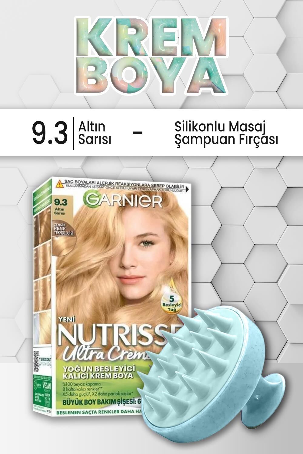 Garnier Nutrisse Yoğun Besleyici Kalıcı Krem Saç Boyası 9.3 Altın Sarısı ve Şampuan Fırçası Mavi