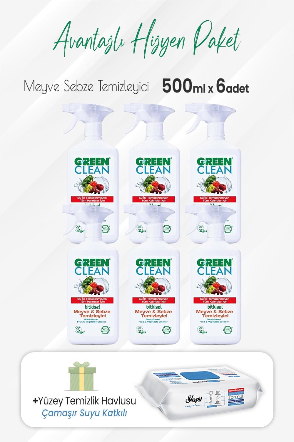 Green Clean Meyve Sebze Temizleyici 500 ml x 6 Adet ve Çamaşır Sulu Temizlik Havlusu